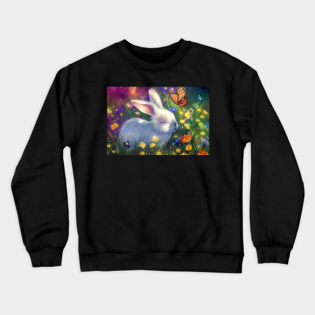 Rabbit flower bush Crewneck Sweatshirt by cloudart2868